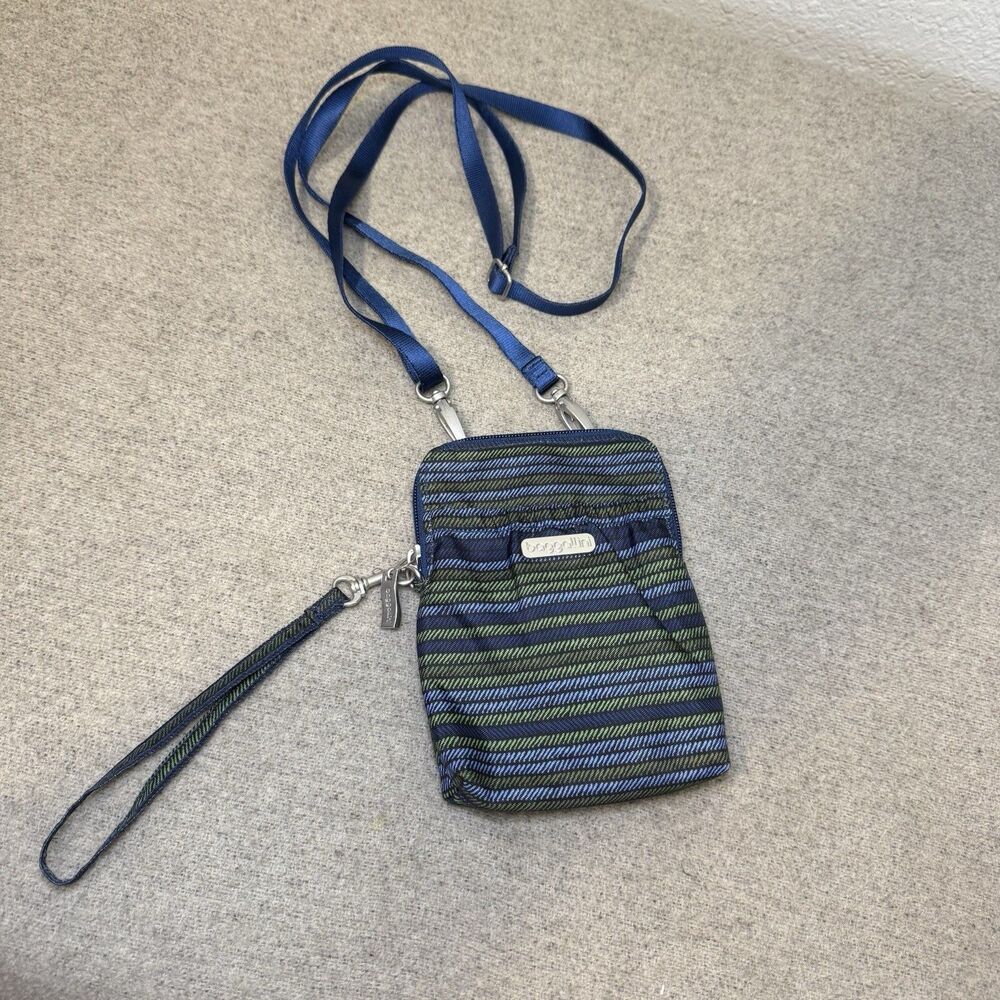 Baggallini Purse Small Bryant Pouch Blue Striped Crossbody Wristlet Wallet RFID